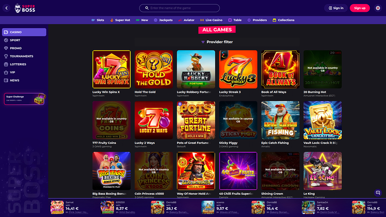 An online casino lobby page titled ALL GAMES showing a grid of game tiles with a left sidebar and a bottom winners ticker.