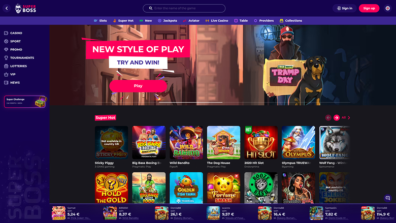 An online casino lobby screen showing a promotional hero banner and a grid of game tiles under a 'Super Hot' heading.