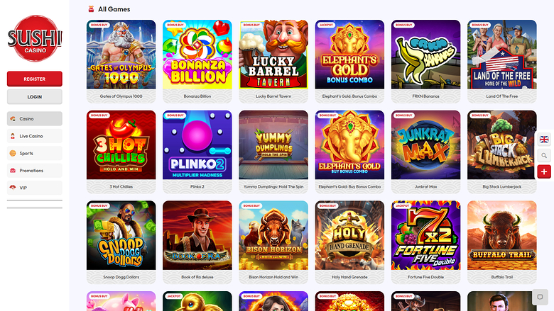 An online casino lobby page titled All Games showing a grid of game tiles with a left sidebar menu and a Sushi Casino logo.