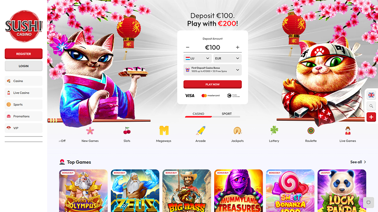 Sushi Casino homepage showing a deposit bonus offer with a registration form and a row of game category icons above Top Games tiles.