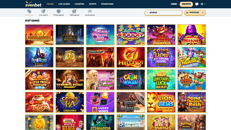 A casino lobby screen showing a grid of slot game tiles under a 'SLOT GAMES' heading with top navigation and a search bar.