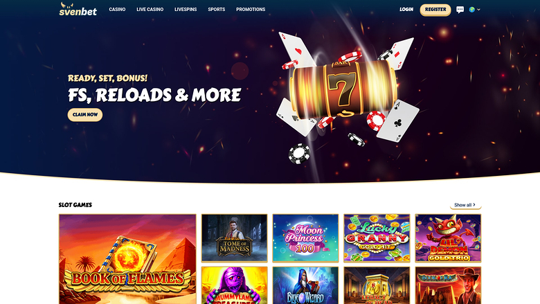 A Svenbet casino homepage showing a promotional hero banner above a grid of slot game tiles.