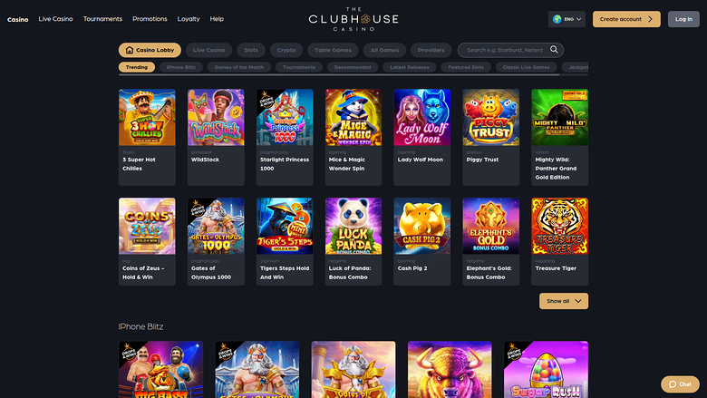 The Clubhouse Casino lobby page shows a grid of game tiles under a Trending tab, with a top navigation bar and a Show all button.