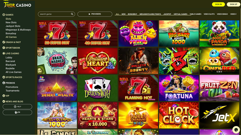 A desktop online casino lobby page for Thor Casino showing a left sidebar menu and a grid of game thumbnails under category tabs.
