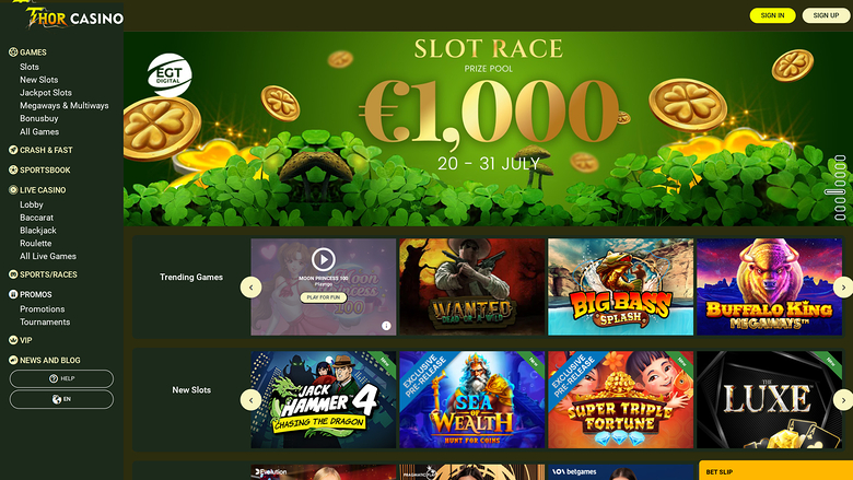 A desktop online casino lobby for 7HOR CASINO shows a Slot Race promotion banner above Trending Games and New Slots rows.
