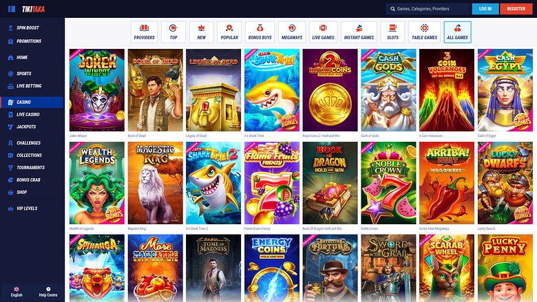 An online casino lobby screen showing a left sidebar menu, a top category bar and a grid of game tiles under the TikiTaka brand.