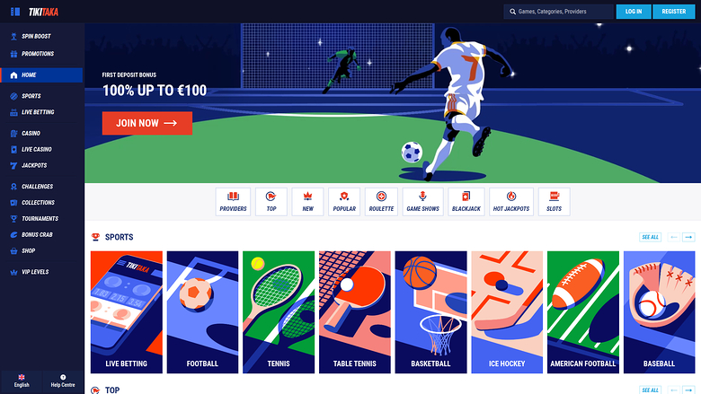 A TikiTaka casino lobby homepage showing a first deposit bonus banner and a sports betting category row.