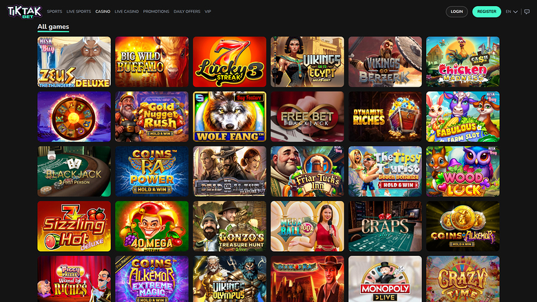 A casino lobby page titled 'All games' showing a grid of game tiles under a top navigation bar.