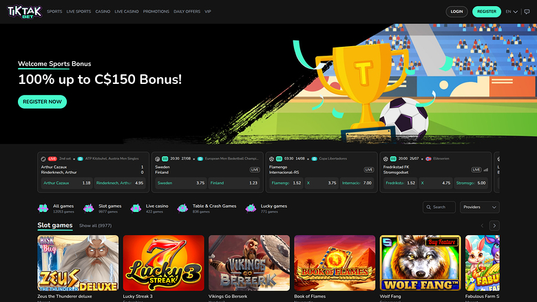 A casino homepage with a sports welcome bonus hero banner, a row of live sports betting odds, category tabs and a slots game grid.