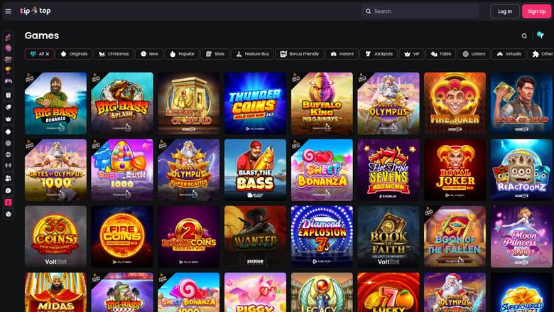 A casino lobby 'Games' screen showing a grid of game tiles with a top search bar and category tabs.