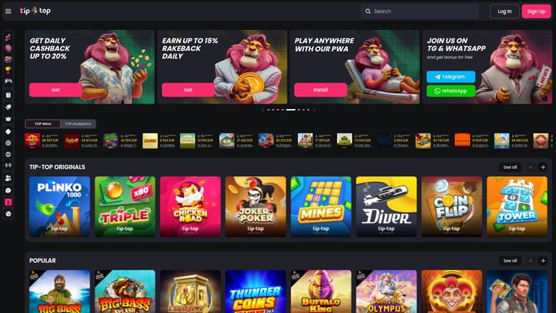 An online casino lobby screen for 'tip top' showing promotional banners, a provider strip, and rows of game tiles.