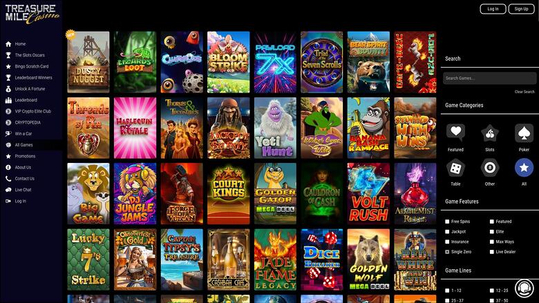 An online casino lobby page titled Treasure Mile Casino showing a grid of game thumbnails with a left sidebar menu and a right-hand search and filter panel.