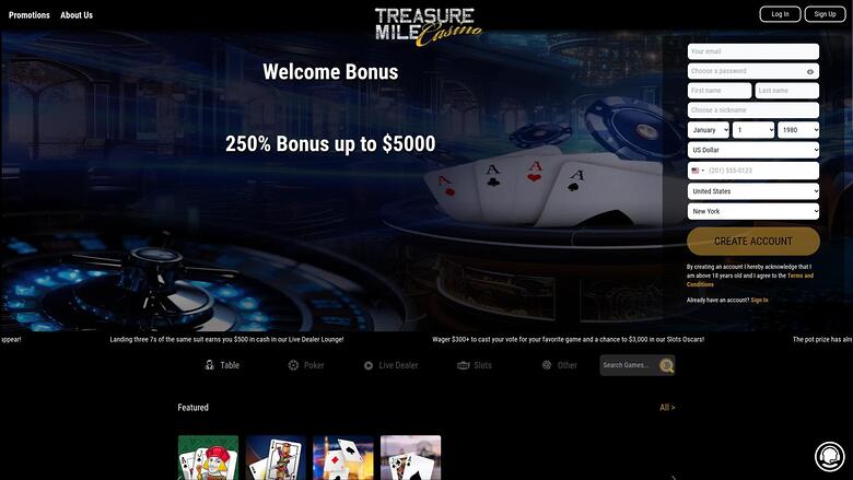 A casino landing page shows a welcome bonus offer beside a registration form, with game category tabs and a Featured row of game tiles below.