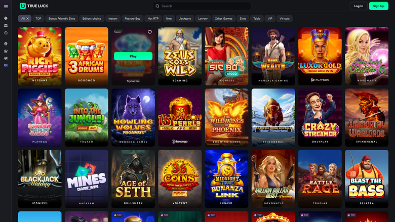 A desktop online casino lobby for True Luck showing a grid of game thumbnails beneath a top navigation bar and category filters.