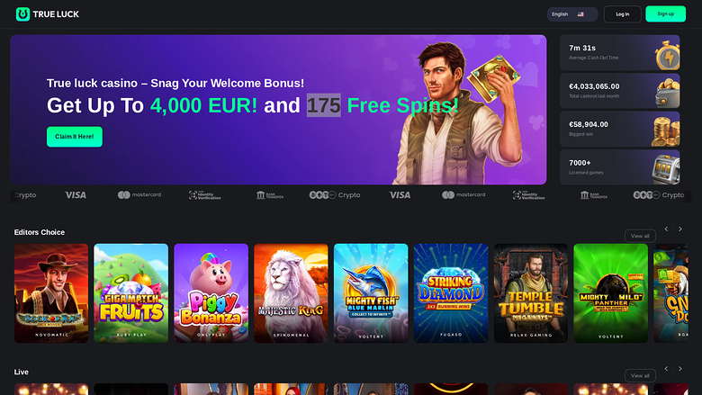 A 'True Luck' online casino homepage showing a purple welcome-bonus hero banner, a right-hand stats panel, payment icons, and an 'Editors Choice' row of game ti