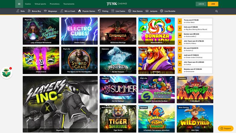 A Jusk Casino lobby page showing a grid of game tiles with a live wins sidebar and top navigation menus.