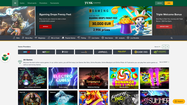 Jusk Casino lobby page showing a promotional hero banner, game provider filters, and a grid of game tiles.