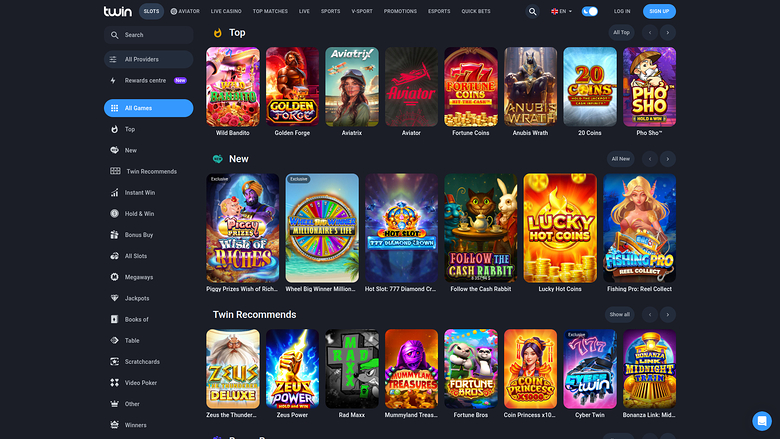 A Twin casino lobby screen showing a left sidebar of game categories and rows of game tiles under Top, New and Twin Recommends headings.