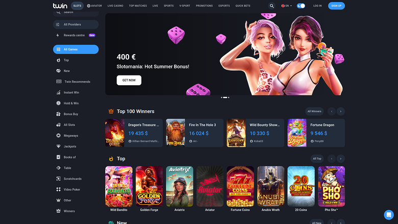 A dark-themed online casino lobby showing a promotional banner and rows of game tiles.