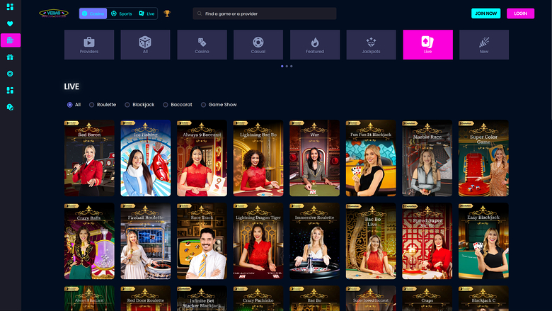Vegas Mobile Casino — Live dealer lobby on mobile