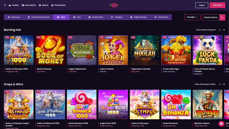 A desktop online casino lobby showing a top navigation bar, category tabs, and two rows of game tiles labelled Burning Hot and Drops &amp; Wins.
