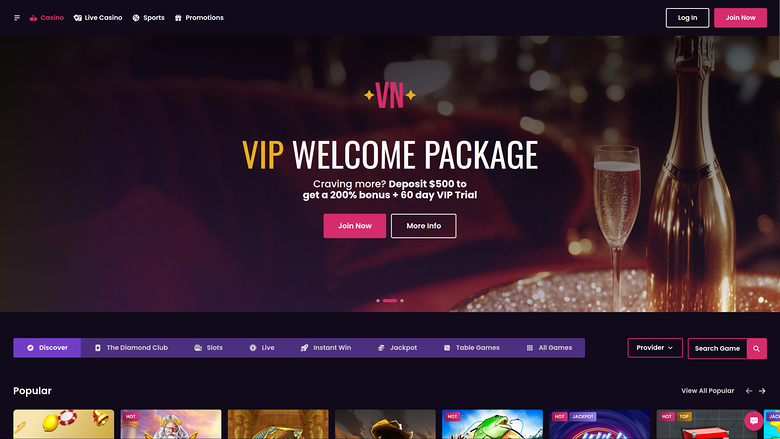 A casino homepage shows a VIP Welcome Package hero banner above a lobby navigation bar and a Popular games row.