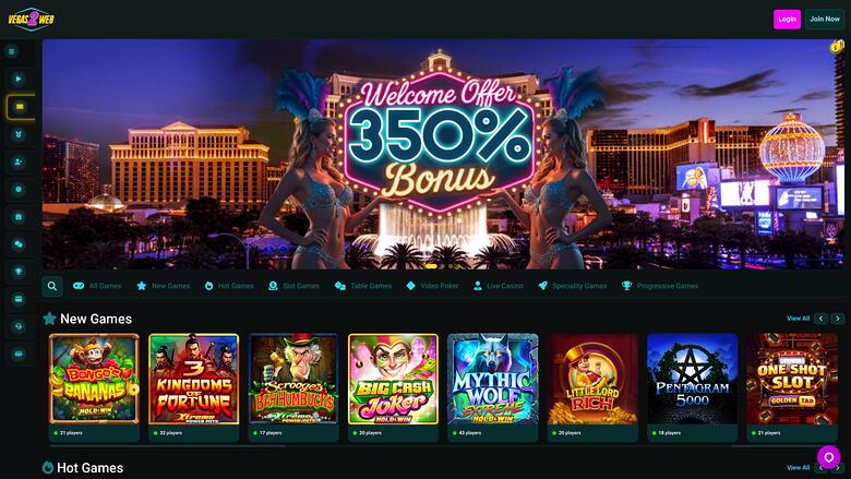 An online casino lobby screen showing a Welcome Offer 350% Bonus banner above a New Games row of eight game tiles.