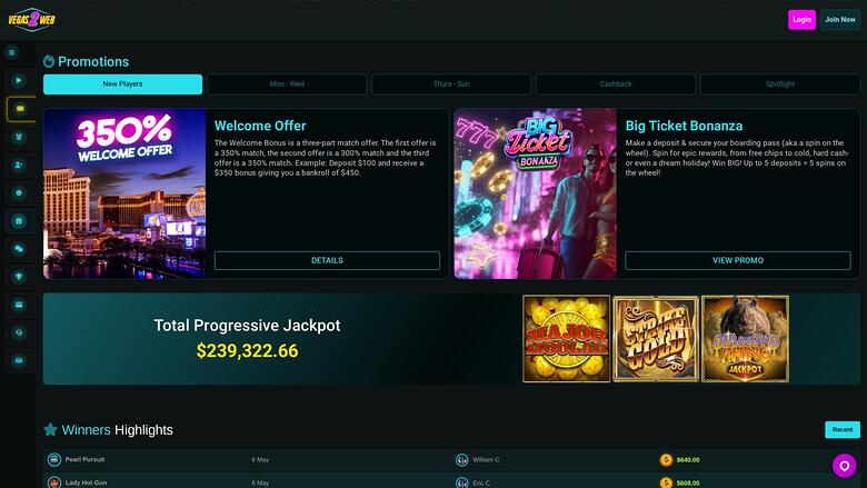 A 'Promotions' page on the Vegas Hero casino site showing a welcome offer, a Big Ticket Bonanza promo, a progressive jackpot total and a winners highlights list