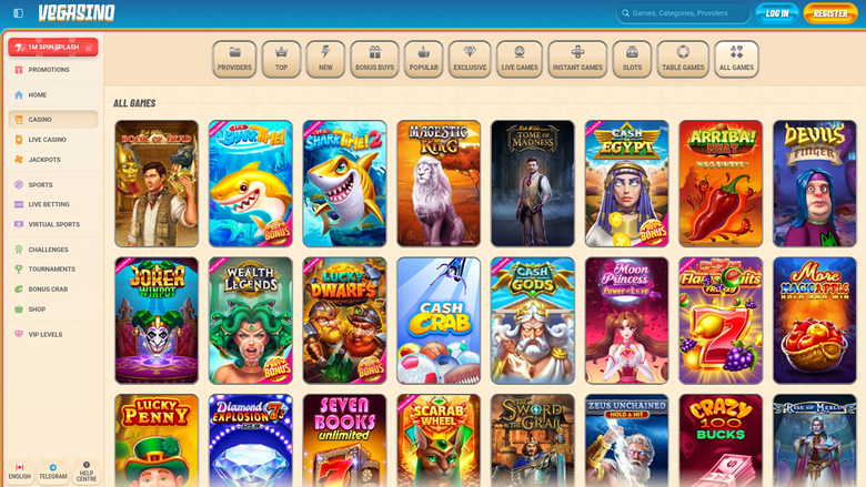 An online casino lobby page titled 'ALL GAMES' showing a grid of game tiles with a left sidebar of categories and a top navigation bar.