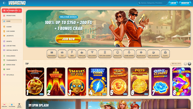 A desktop online casino lobby for Vegasino showing a welcome bonus banner, a category filter row, and a Top games row of numbered slot tiles.
