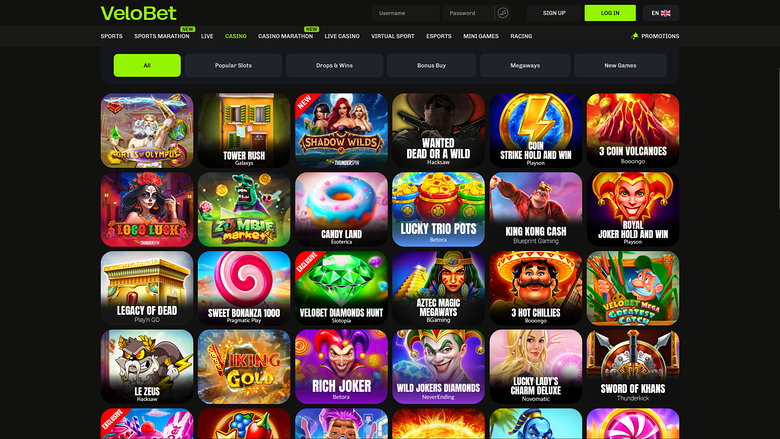 VeloBet casino lobby screenshot showing a top navigation bar, a game category menu and a grid of game tiles.