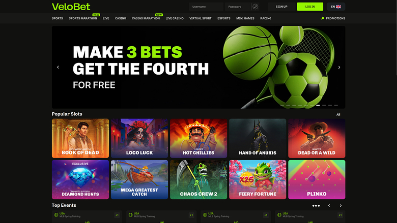 VeloBet casino homepage showing a sports-themed hero banner and a Popular Slots grid of game tiles.