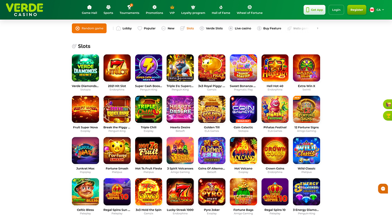 {"summary":"A Verde Casino slots lobby page showing a grid of game tiles under a green header with login and register buttons.","colours":"Dominant green header