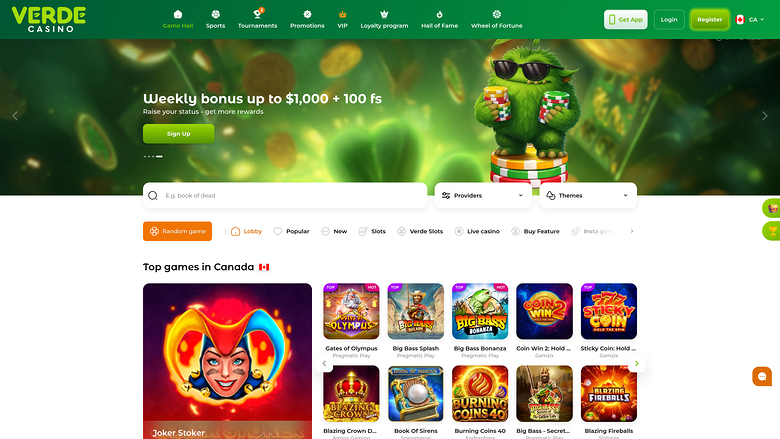 Verde Casino homepage shows a green-themed lobby with a weekly bonus hero banner, search and filter bar, category tabs, and game tiles including a large Joker S