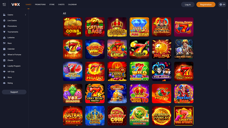 A casino lobby screen showing a grid of game tiles under an 'All' tab with a left sidebar menu and top navigation bar.