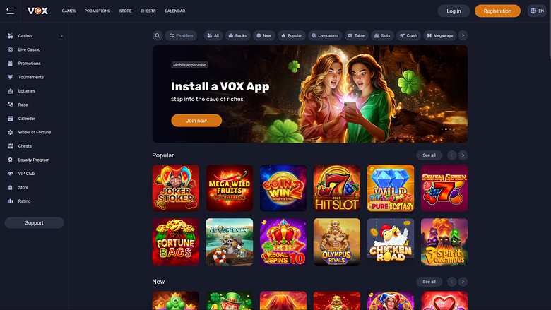 A VOX casino lobby page showing a promotional app banner and rows of game tiles under a dark header and sidebar.