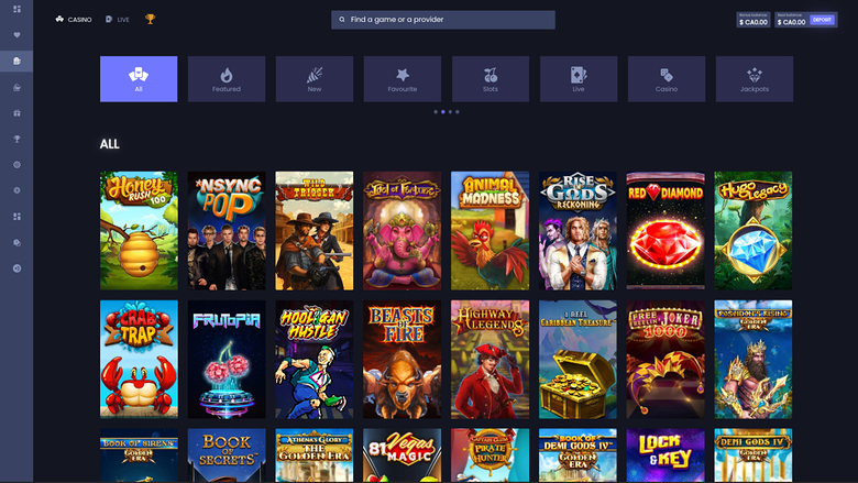 An online casino lobby screen showing a grid of game tiles beneath a category menu and a search bar.