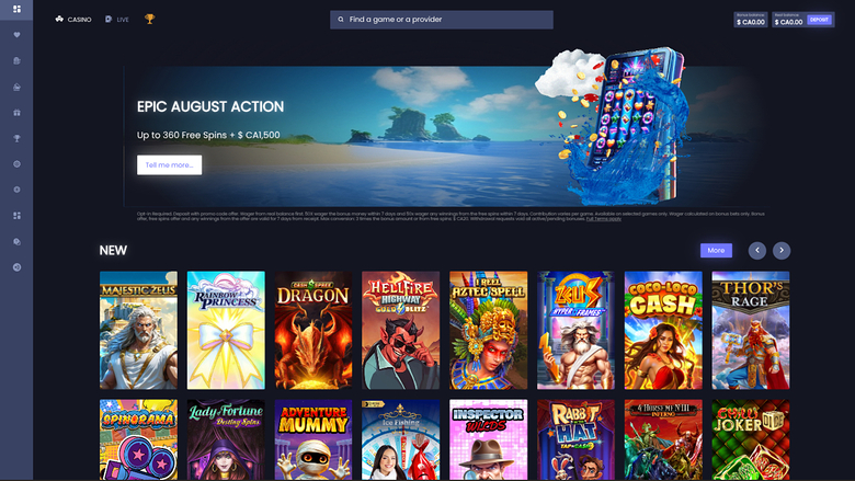 A casino lobby screen showing a promotional hero banner and a grid of game tiles under a 'NEW' heading.