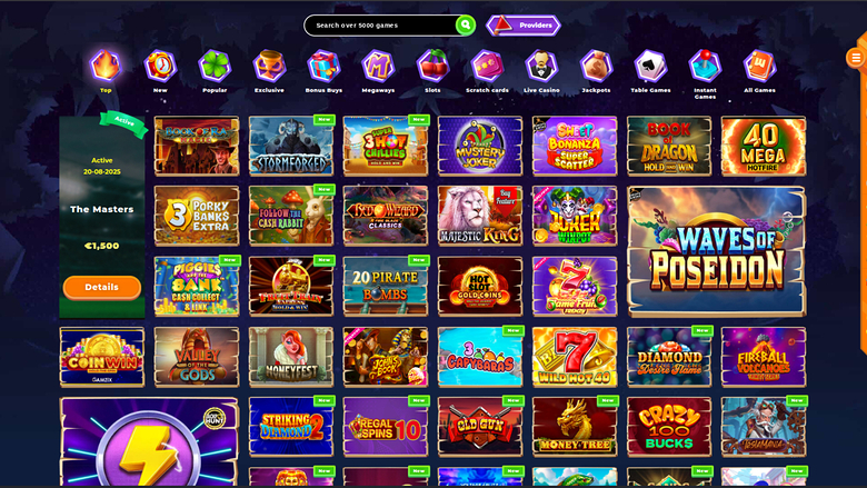 An online casino lobby screen showing a search bar, a row of category icons, a promotional sidebar and a grid of game tiles.