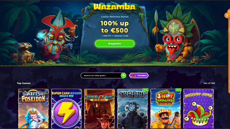 A Wazamba casino landing page showing a welcome bonus hero banner above a search bar and a row of six game tiles labelled Top Games.