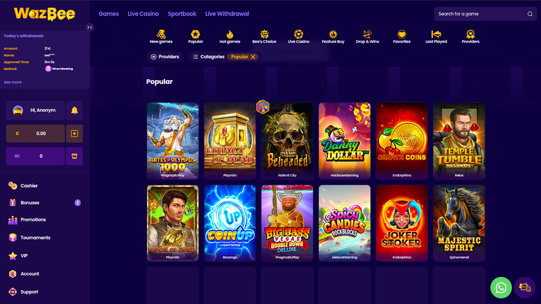 A WazBee online casino lobby showing a 'Popular' game grid, a left sidebar with account and navigation options, and a top menu with casino categories.