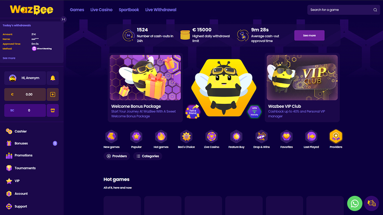 A dark-themed online casino lobby for Wazbee showing a welcome bonus, VIP club promotion, and a Hot games section.
