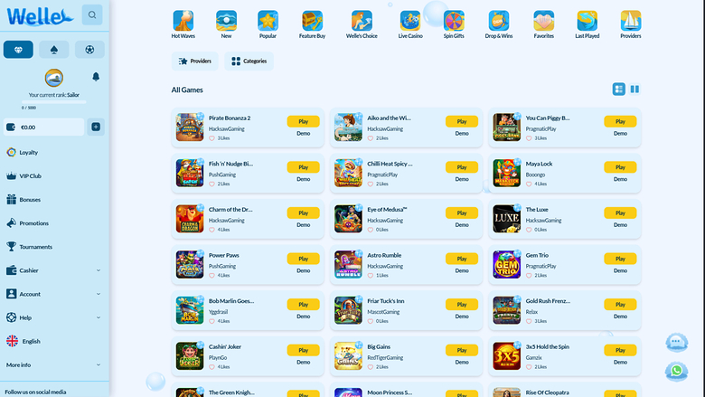 A desktop online casino lobby shows a left sidebar menu, a top row of game category icons, and a grid of game tiles with Play and Demo buttons.
