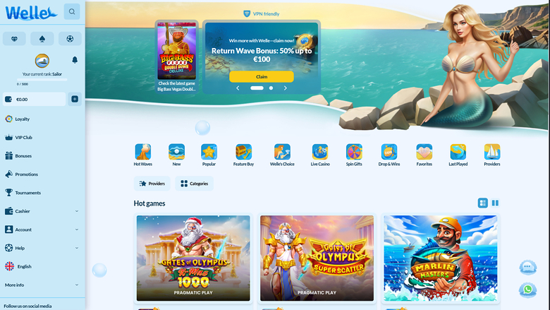 A desktop online casino lobby for Wellbet showing a promotional banner, a left sidebar menu, and a Hot games section with three visible game tiles.