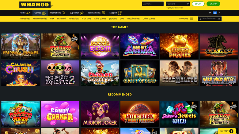 A Whamoo online casino lobby screenshot showing a top navigation bar, a game category menu, and rows of game tiles under the headings TOP GAMES and RECOMMENDED.