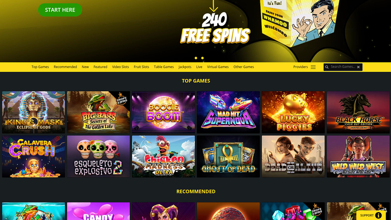 An online casino lobby screenshot showing a 240 free spins promotion banner above a yellow category menu and rows of game tiles labelled Top Games and Recommend