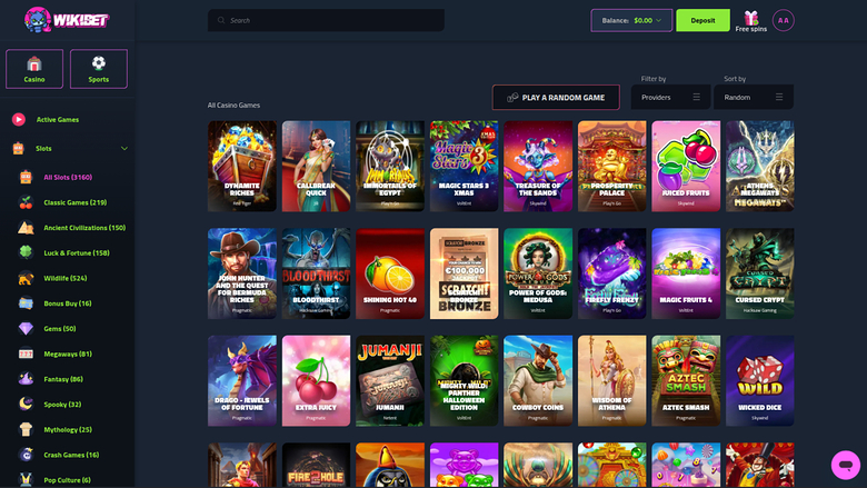 A casino lobby screen on the Wikibet site showing a grid of game tiles with a left sidebar of categories and a top bar with balance and deposit controls.