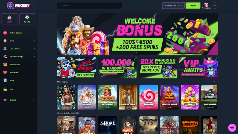 A casino lobby screen for WIKIBET showing a welcome bonus banner, promotional strips and rows of game tiles.