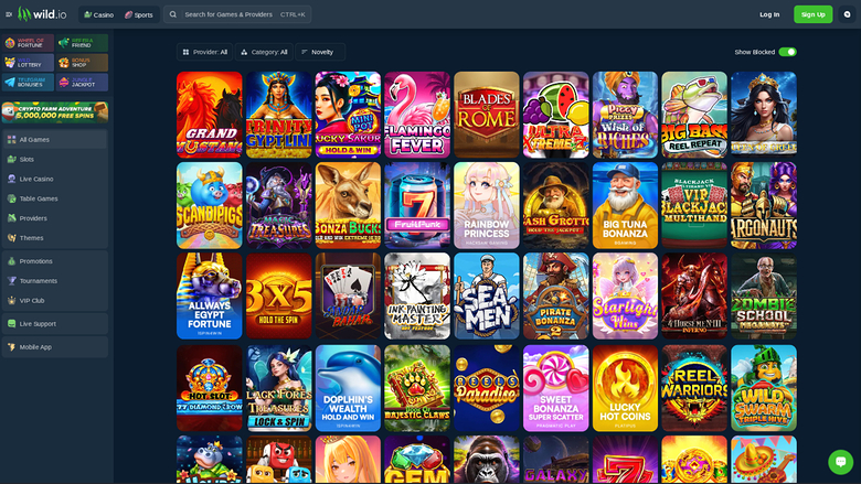 A desktop online casino lobby shows a left sidebar menu beside a grid of game tiles under a top bar with login and sign-up buttons.