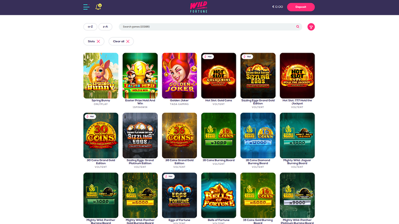 A casino lobby page shows a grid of game tiles under a search bar, with a balance and Deposit button in the header.